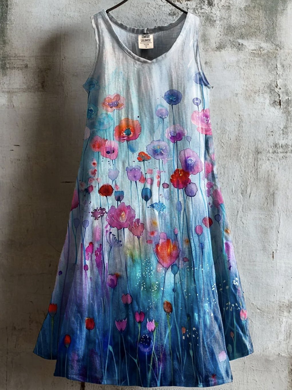 Damen Geblümt Sommer Kleid Rundhals Ärmellos A-Linien-Kleid