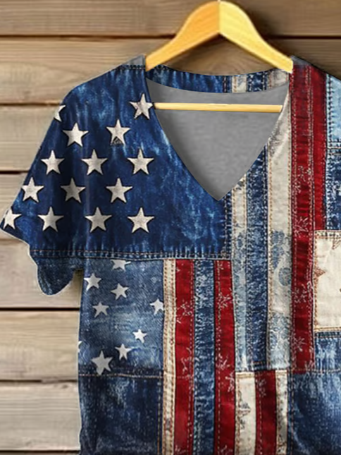 Lässig Tag der Unabhängigkeit (Flagge) V-Ausschnitt Kurzarm T-Shirt