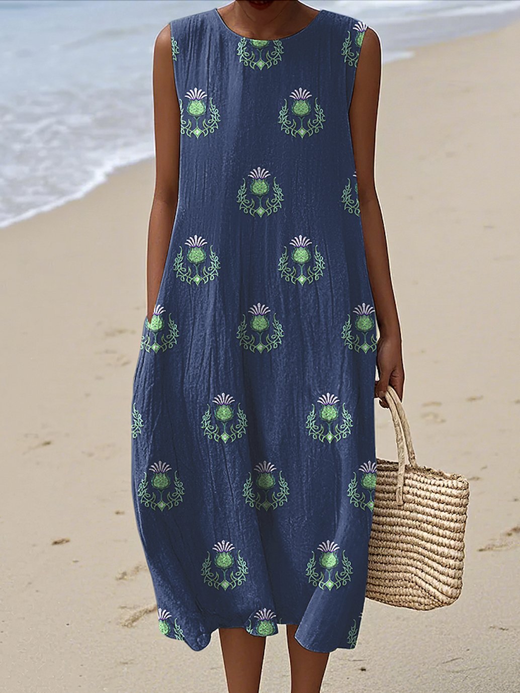 Damen Geblümt Sommer Kleid Rundhals Ärmellos A-Linien-Kleid
