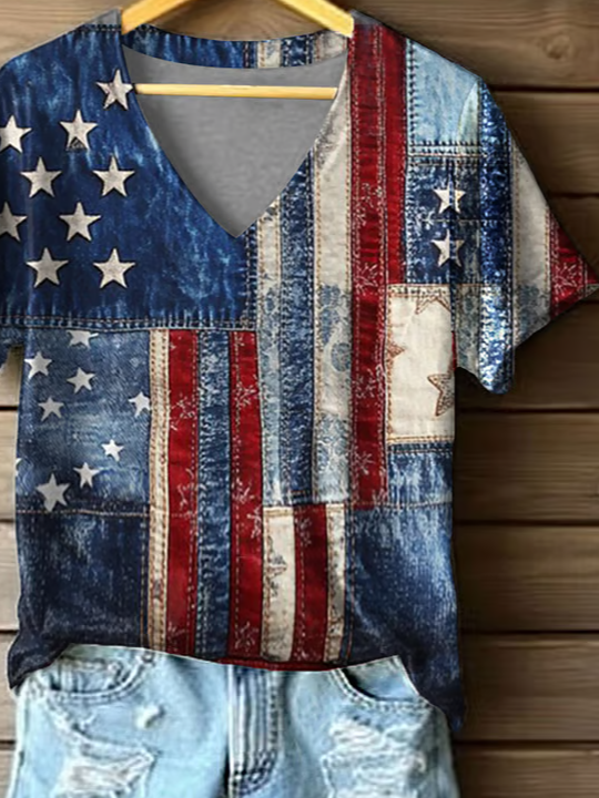 Lässig Tag der Unabhängigkeit (Flagge) V-Ausschnitt Kurzarm T-Shirt