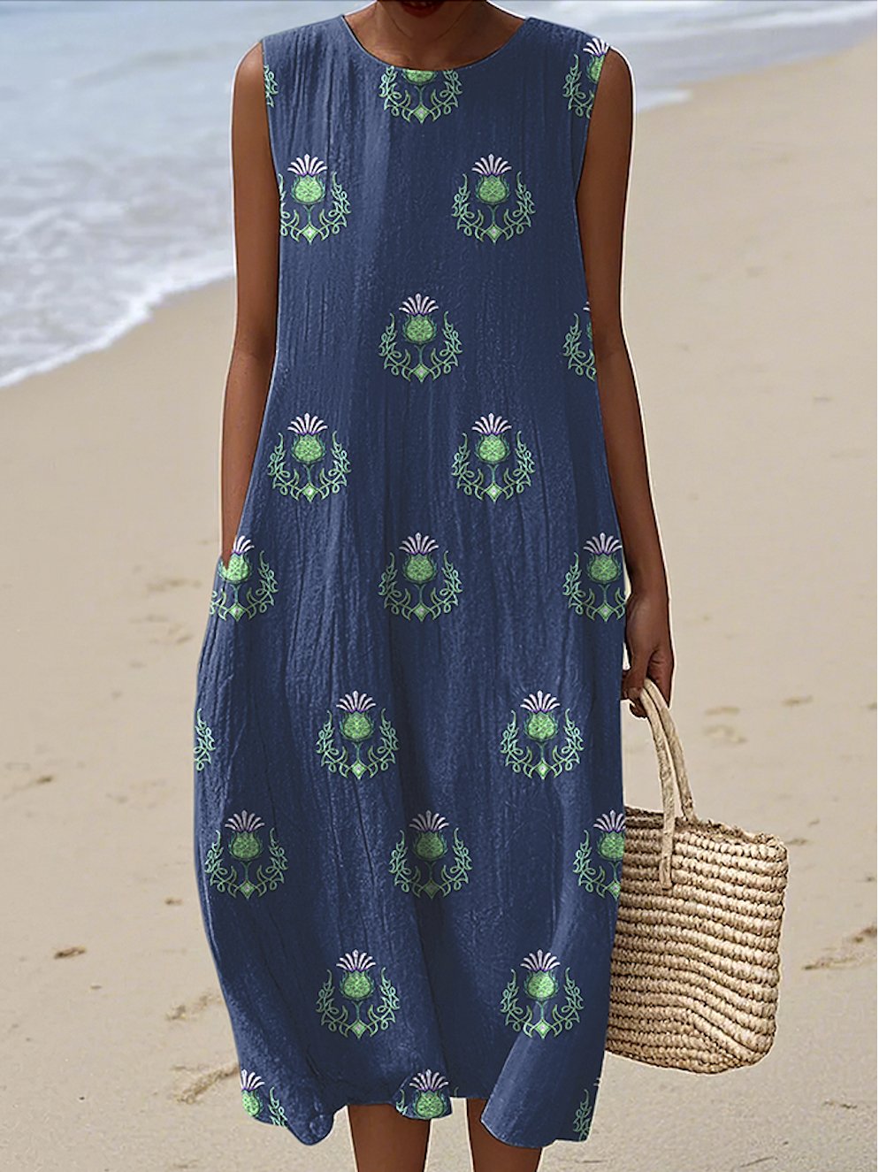 Damen Geblümt Sommer Kleid Rundhals Ärmellos A-Linien-Kleid