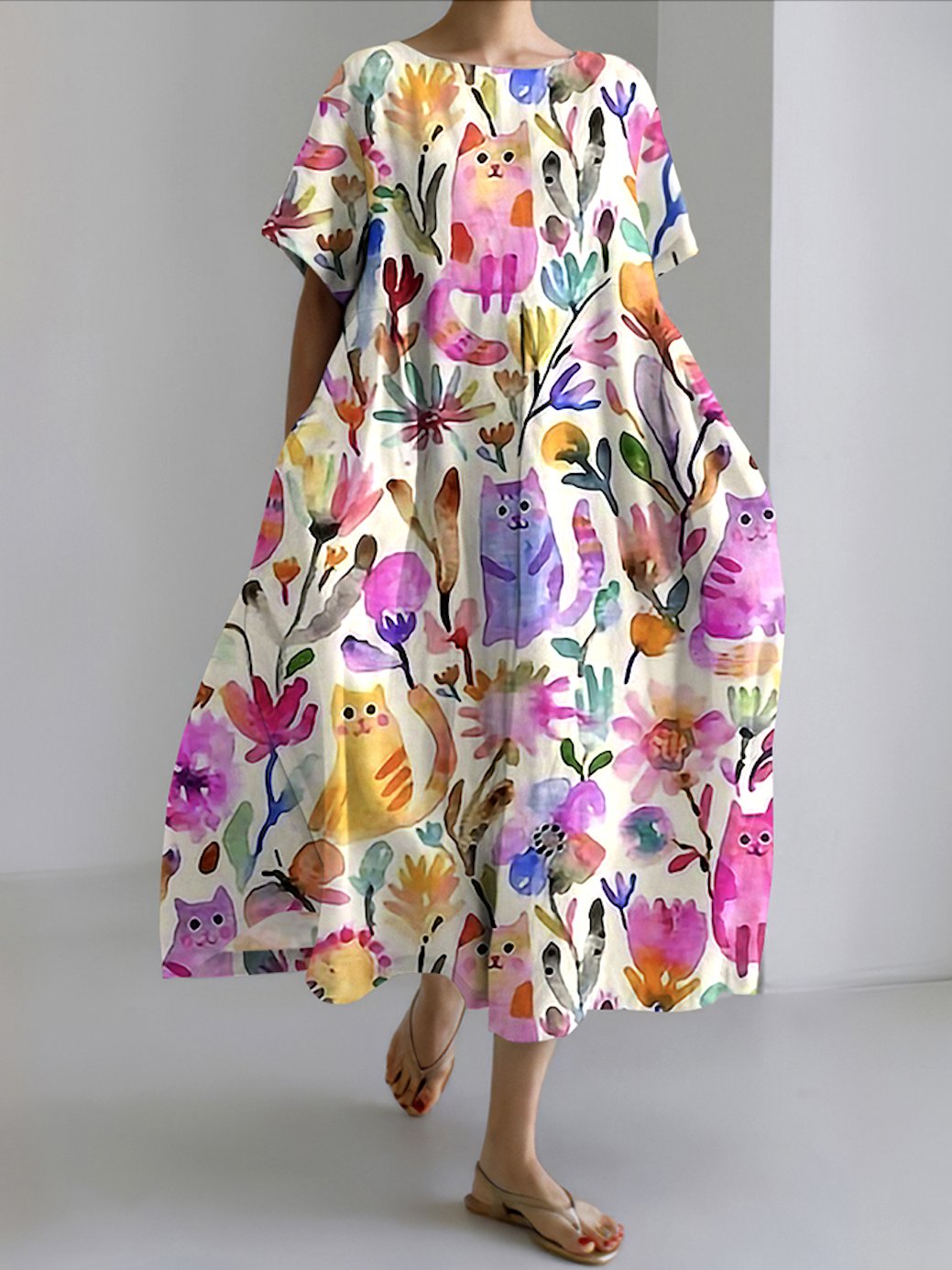 Damen Geblümt Sommer Kleid Rundhals Kurzarm A-Linien-Kleid
