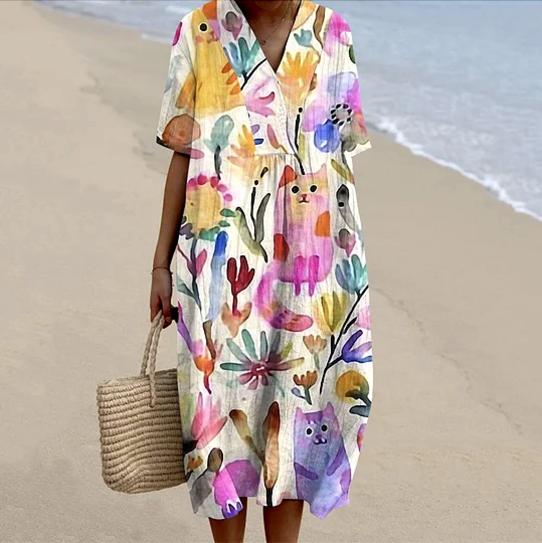 Damen Geblümt Sommer Kleid V-Ausschnitt Kurzarm A-Linien-Kleid