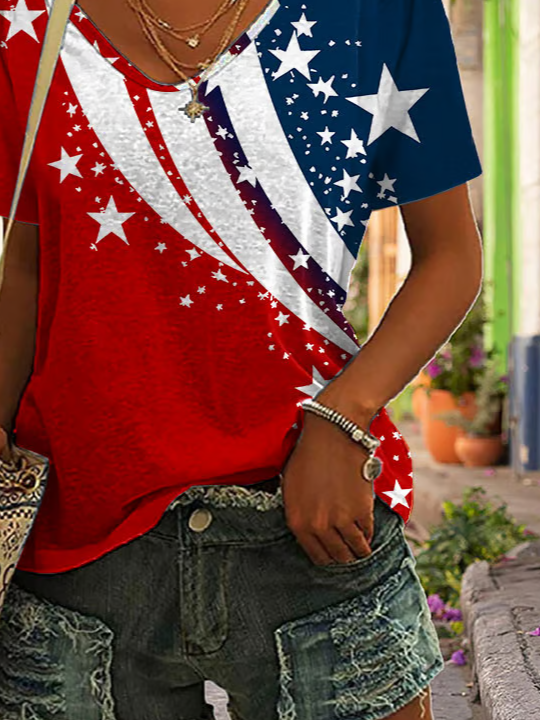 Lässig Tag der Unabhängigkeit (Flagge) V-Ausschnitt Kurzarm T-Shirt