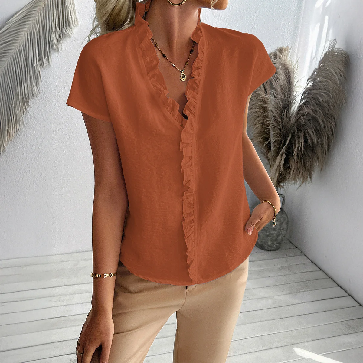 Hemdkragen Kurzarm Unifarben Regelmäßig Mikroelastizität Regelmäßige Passform Bluse für Damen