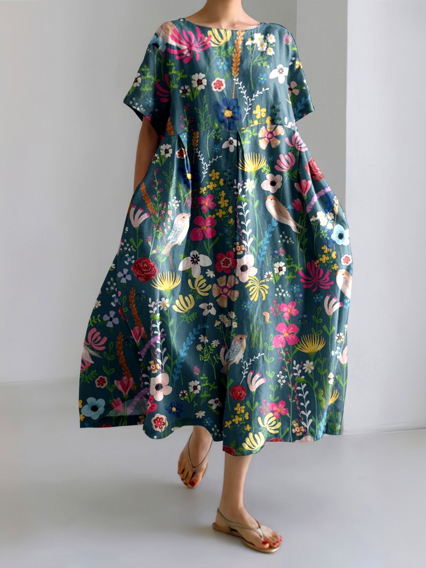 Damen Geblümt Sommer Kleid Rundhals Kurzarm A-Linien-Kleid