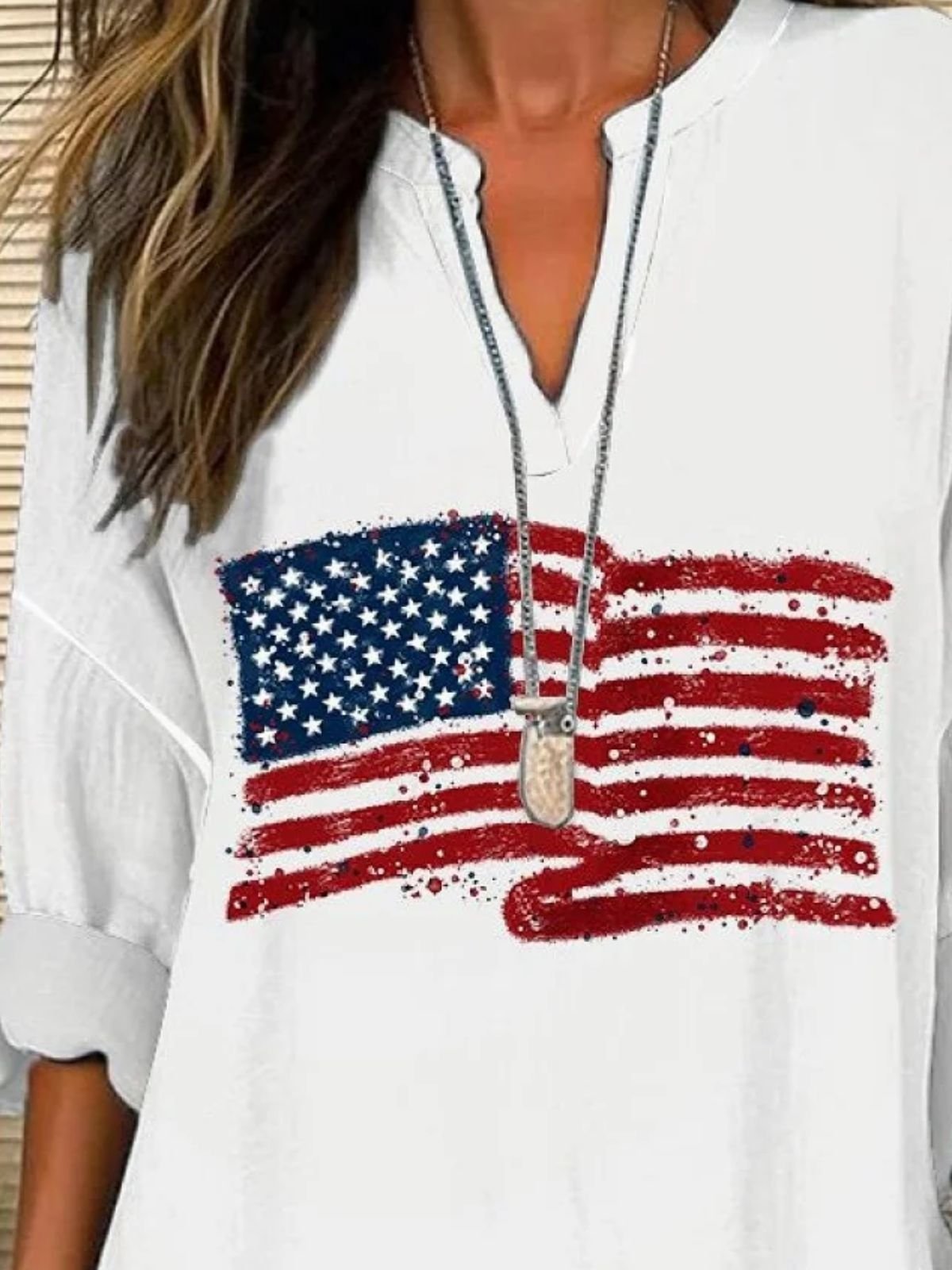 V-Ausschnitt Langarm Amerika-Flagge Regelmäßig Mikroelastizität Regelmäßige Passform Bluse für Damen
