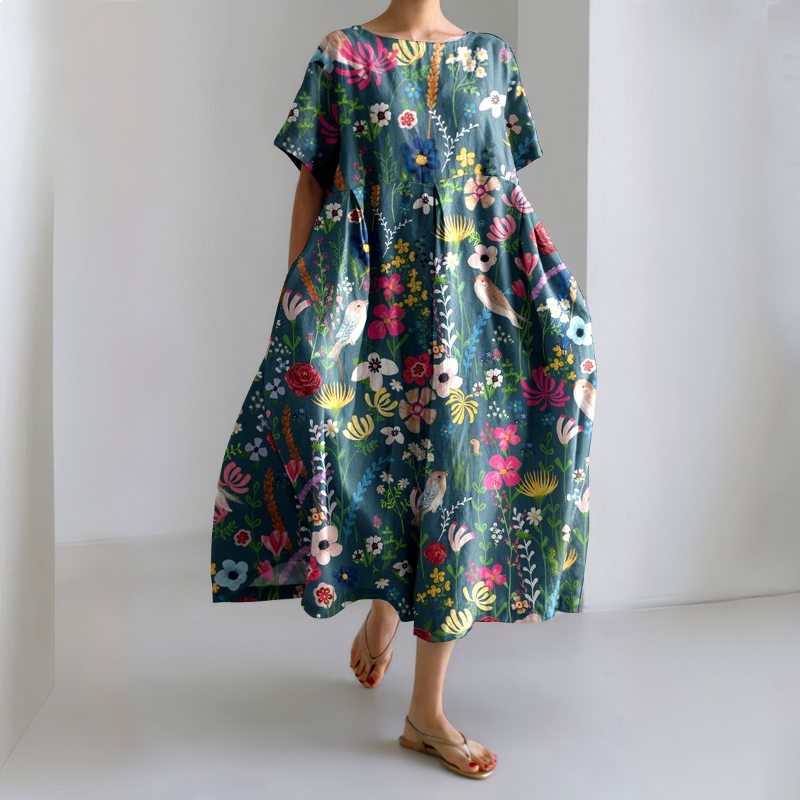 Damen Geblümt Sommer Kleid Rundhals Kurzarm A-Linien-Kleid