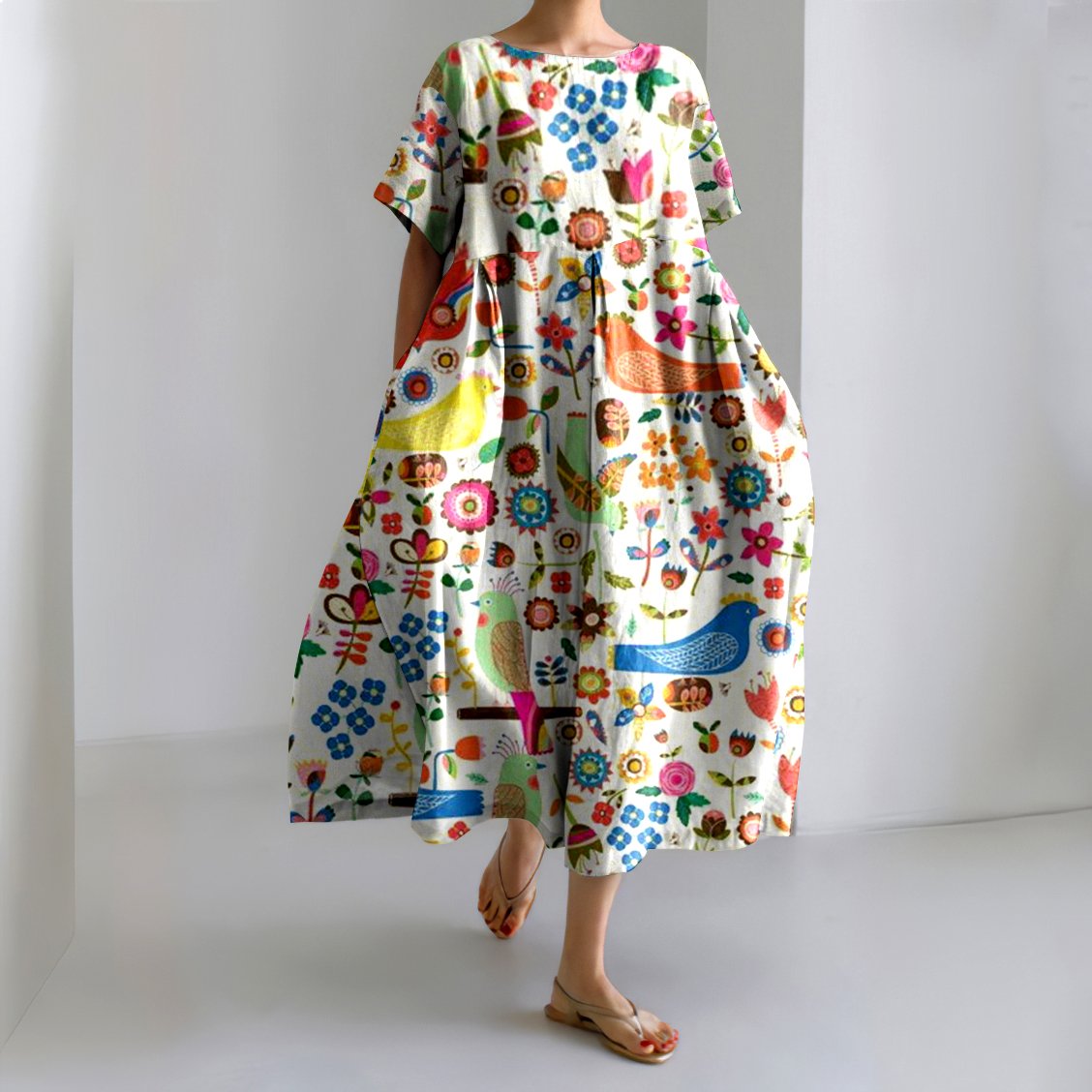 Damen Geblümt Sommer Kleid Rundhals Kurzarm A-Linien-Kleid