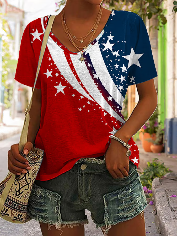 Lässig Tag der Unabhängigkeit (Flagge) V-Ausschnitt Kurzarm T-Shirt