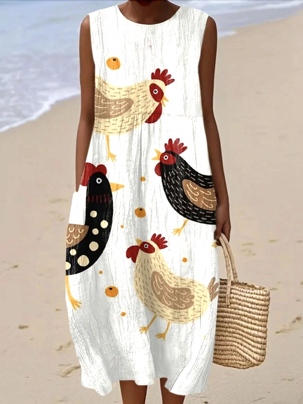 Damen Gestreift Sommer Kleid Rundhals Ärmellos A-Linien-Kleid