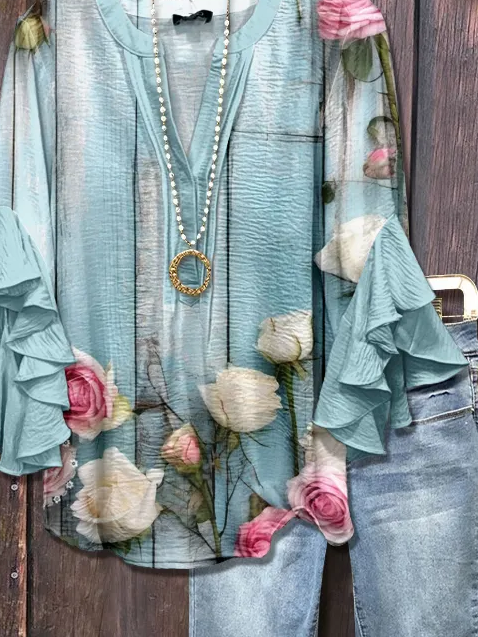 V-Ausschnitt Halbarm Geblümt Print Regelmäßig Weit Bluse für Damen