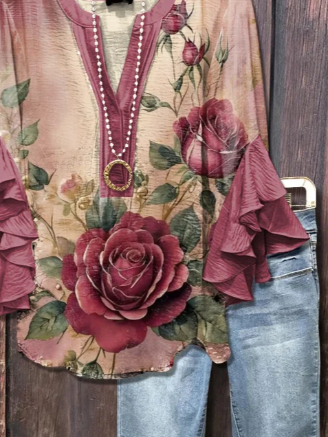 V-Ausschnitt Halbarm Geblümt Print Regelmäßig Weit Bluse für Damen