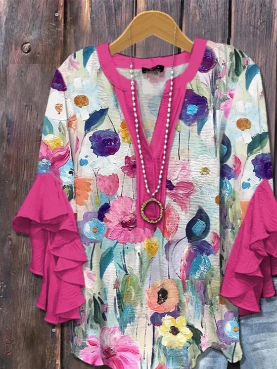 V-Ausschnitt Halbarm Geblümt Print Regelmäßig Weit Bluse für Damen