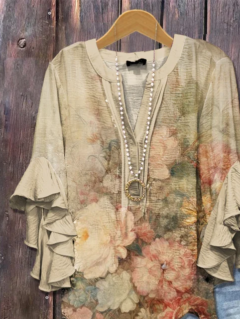 V-Ausschnitt Halbarm Geblümt Print Regelmäßig Weit Bluse für Damen