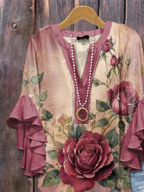 V-Ausschnitt Halbarm Geblümt Print Regelmäßig Weit Bluse für Damen