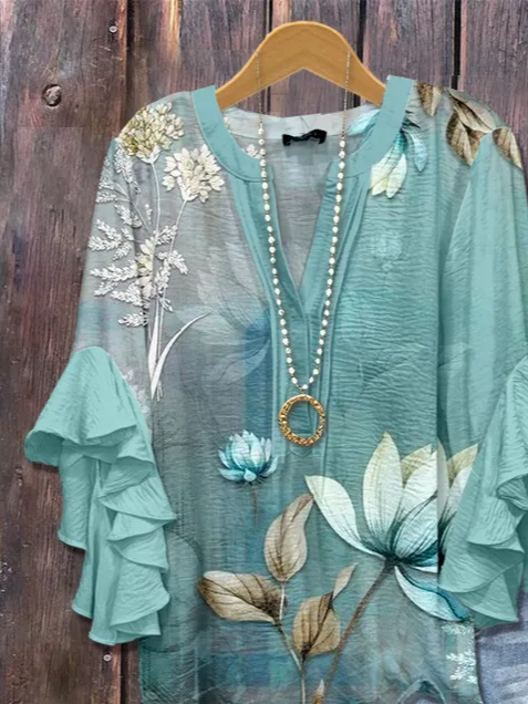 V-Ausschnitt Halbarm Geblümt Print Regelmäßig Weit Bluse für Damen