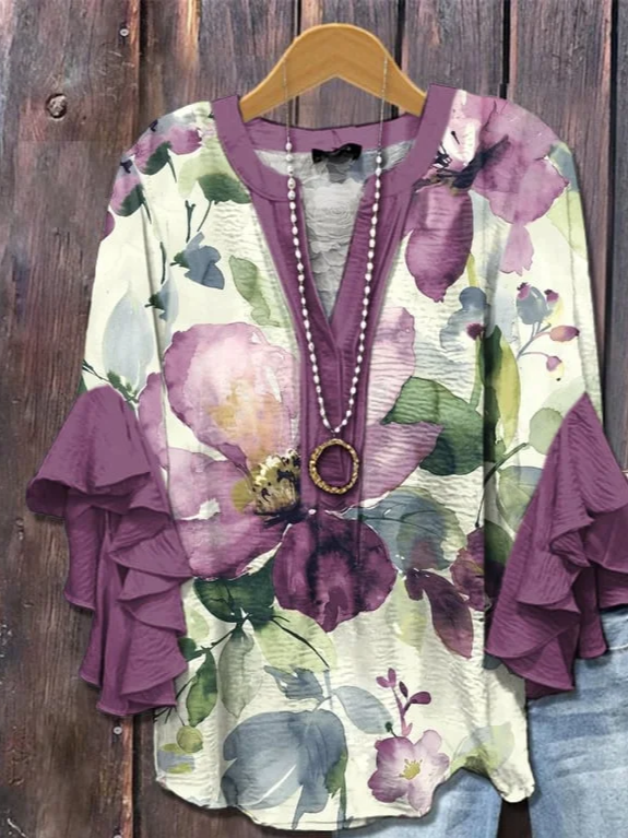 V-Ausschnitt Halbarm Geblümt Print Regelmäßig Weit Bluse für Damen