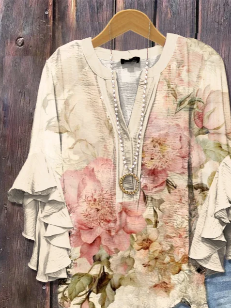 V-Ausschnitt Halbarm Geblümt Print Regelmäßig Weit Bluse für Damen