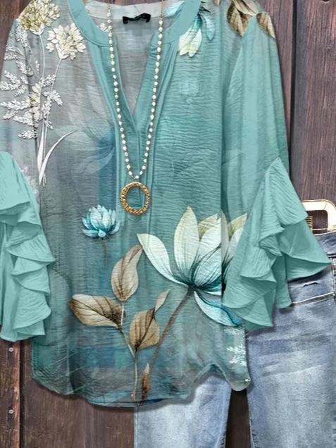V-Ausschnitt Halbarm Geblümt Print Regelmäßig Weit Bluse für Damen
