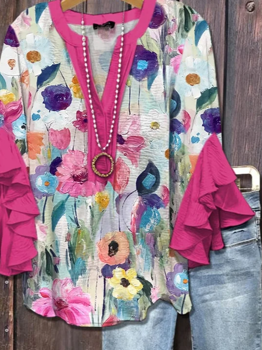 V-Ausschnitt Halbarm Geblümt Print Regelmäßig Weit Bluse für Damen