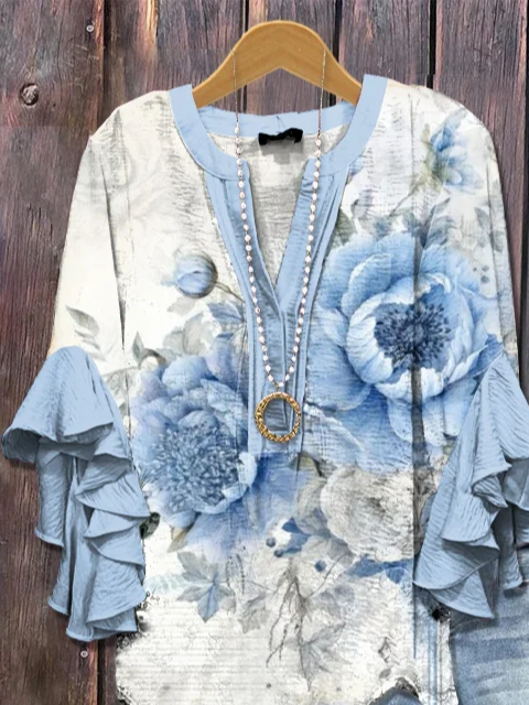 V-Ausschnitt Halbarm Geblümt Print Regelmäßig Weit Bluse für Damen