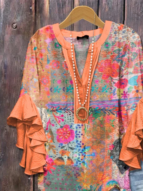 V-Ausschnitt Halbarm Geblümt Print Regelmäßig Weit Bluse für Damen