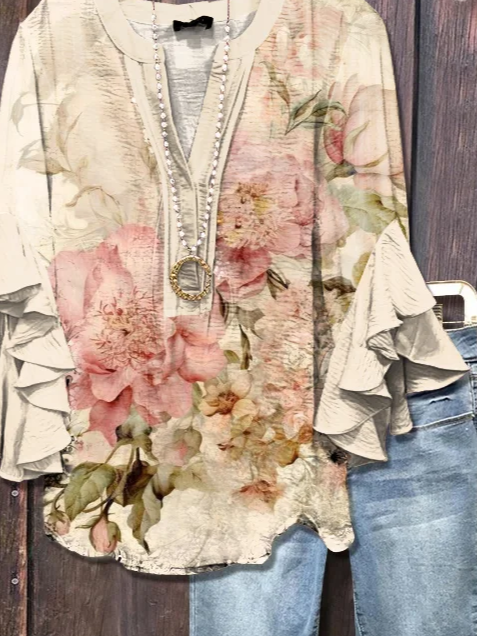 V-Ausschnitt Halbarm Geblümt Print Regelmäßig Weit Bluse für Damen