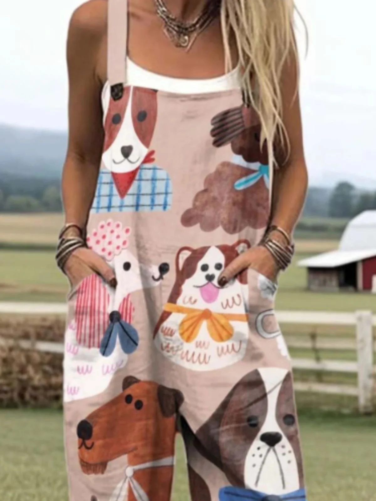 Damen Tier Karree-Ausschnitt Gallus Lässig Sommer Baumwolle Leinen Jumpsuit