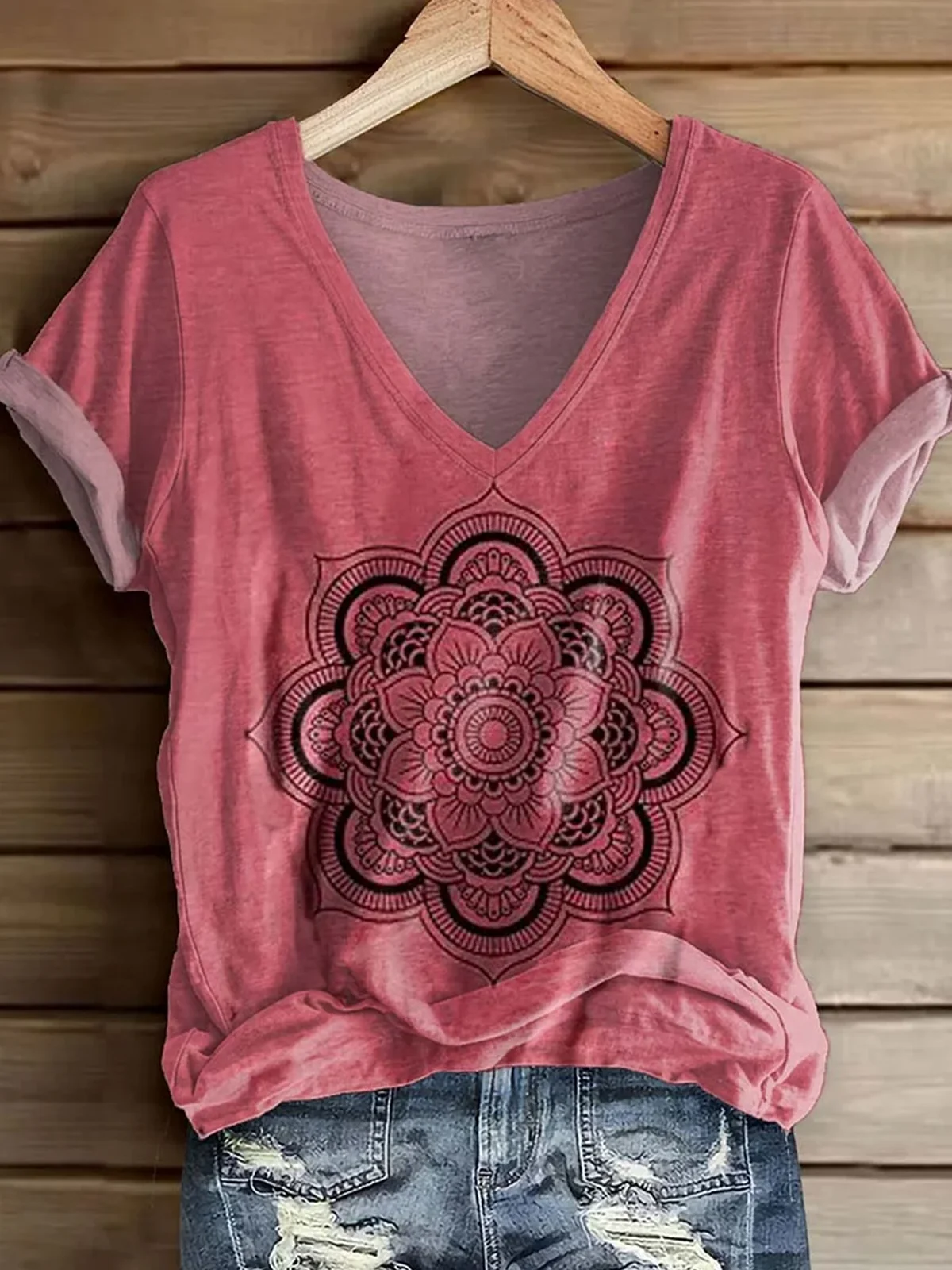 Lässig Ethnisch Geometrie V-Ausschnitt Kurzarm T-Shirt