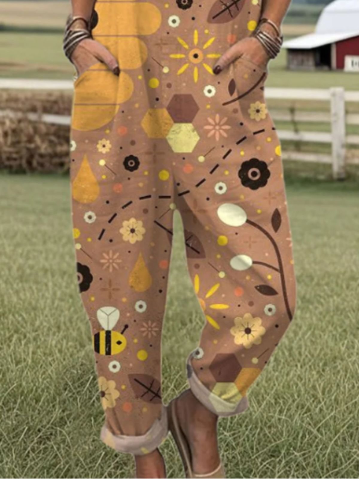 Damen Tier Karree-Ausschnitt Gallus Lässig Sommer Baumwolle Leinen Jumpsuit