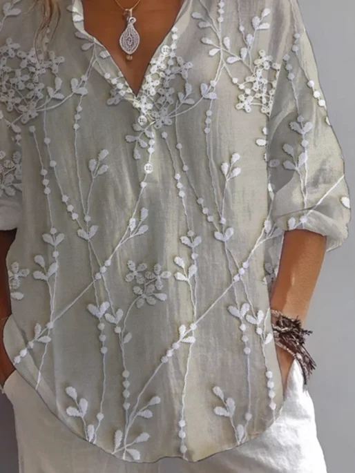 Hemdkragen Langarm Geblümt Print Regelmäßig Weit Bluse für Damen
