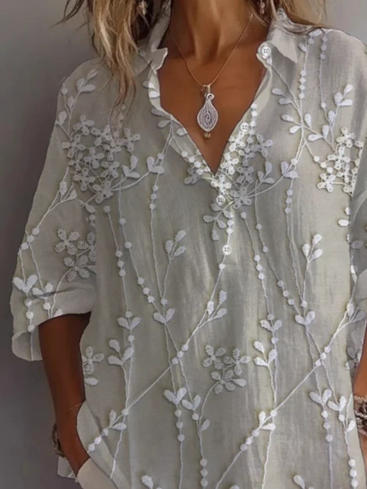 Hemdkragen Langarm Geblümt Print Regelmäßig Weit Bluse für Damen