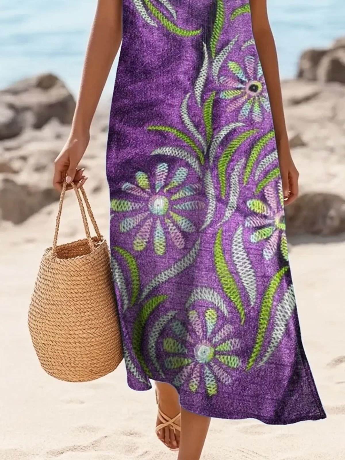 Damen Geometrisch Sommer Kleid Rundhals Ärmellos A-Linien-Kleid