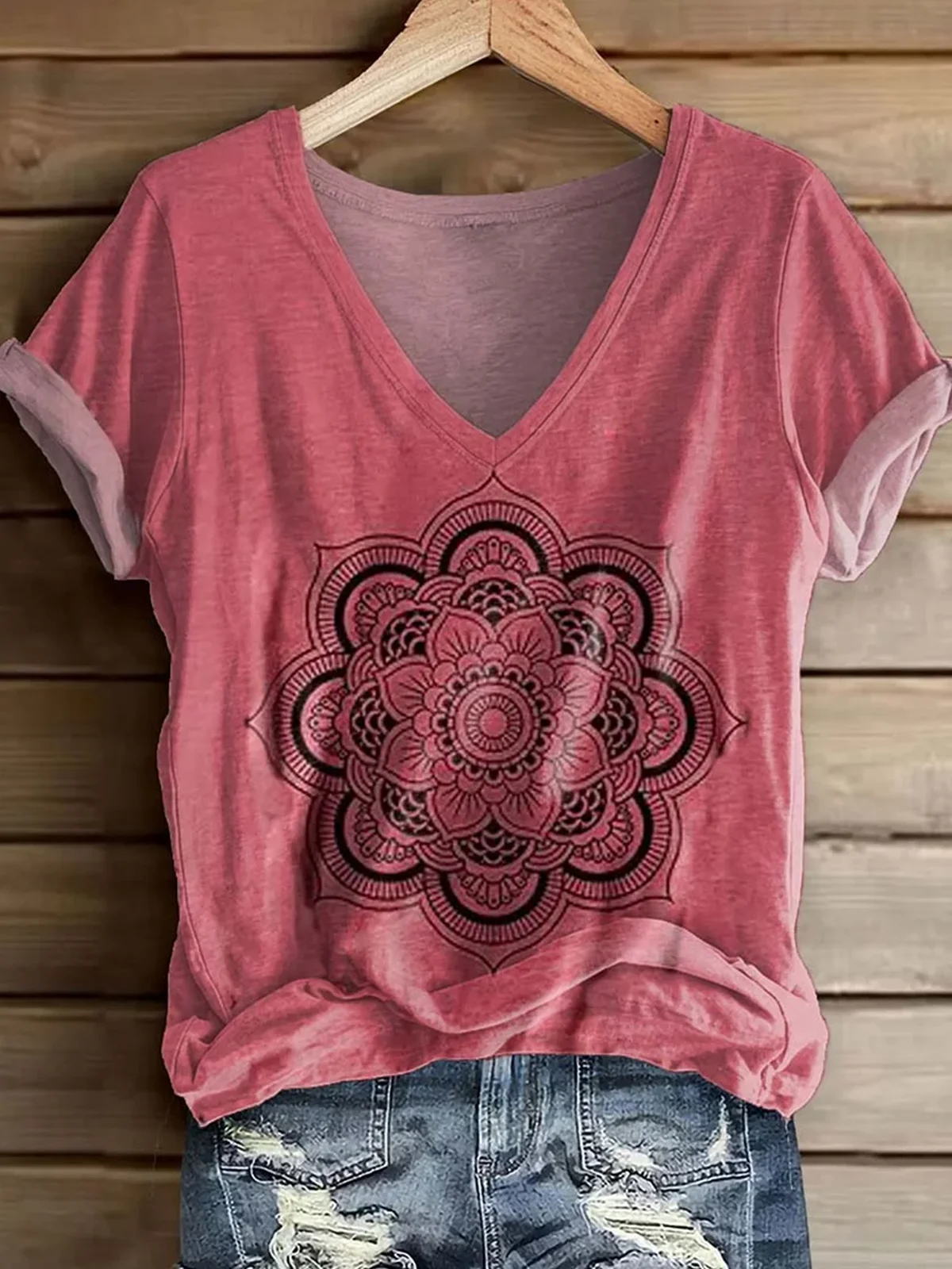 Lässig Ethnisch Geometrie V-Ausschnitt Kurzarm T-Shirt