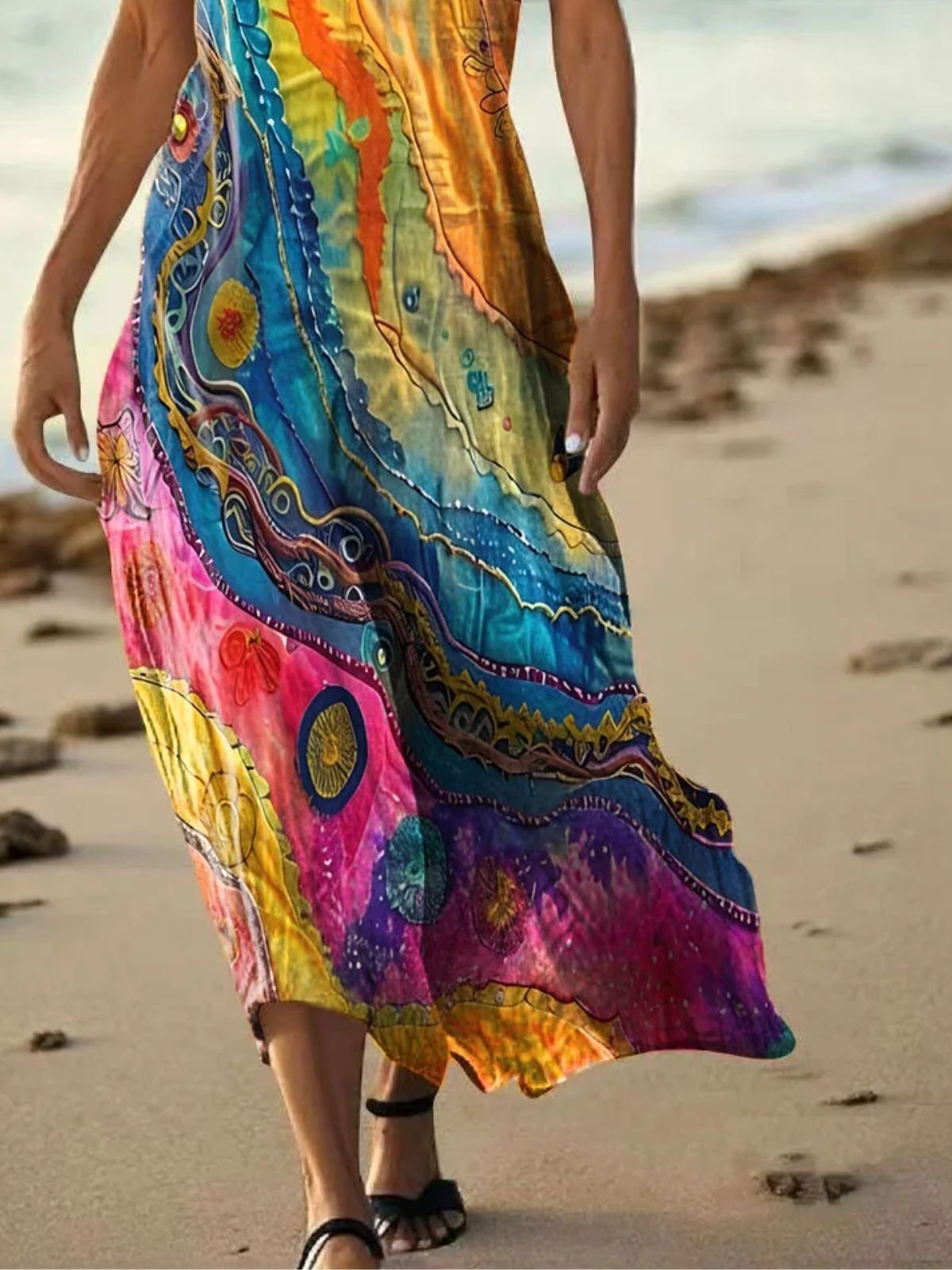 Damen Multifarben Block Sommer Kleid V-Ausschnitt Ärmellos A-Linien-Kleid