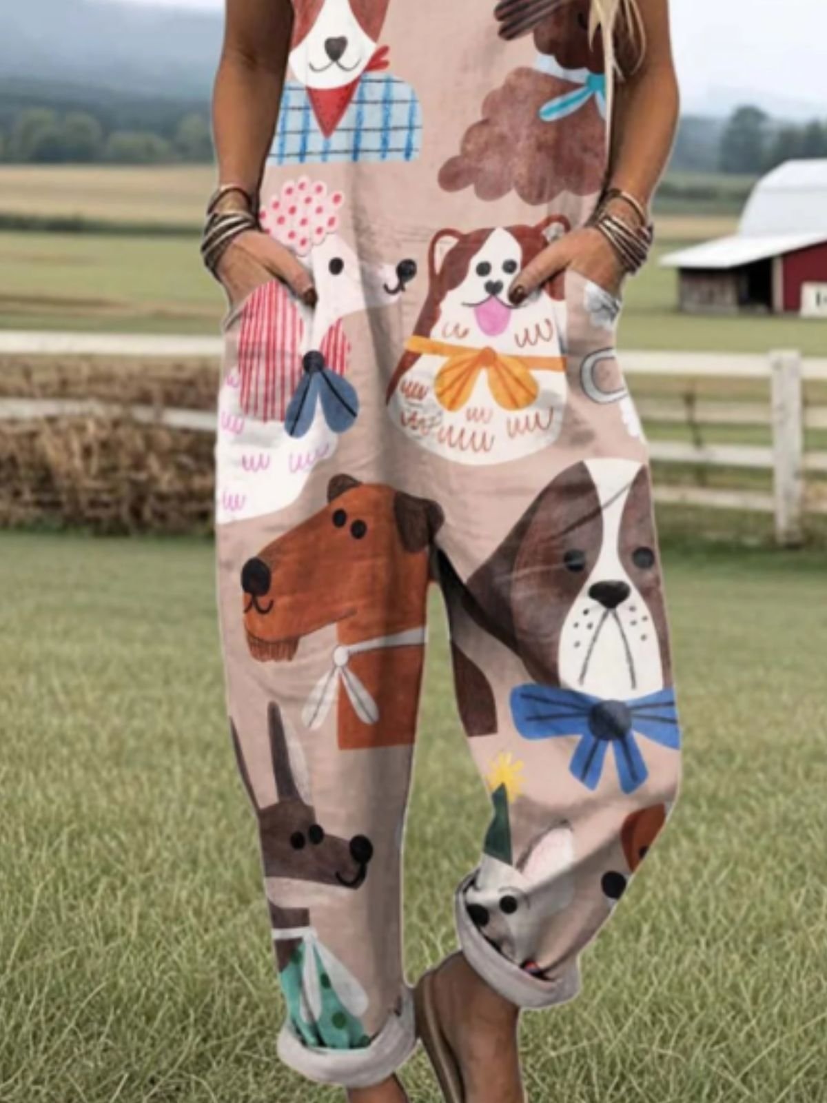 Damen Tier Karree-Ausschnitt Gallus Lässig Sommer Baumwolle Leinen Jumpsuit