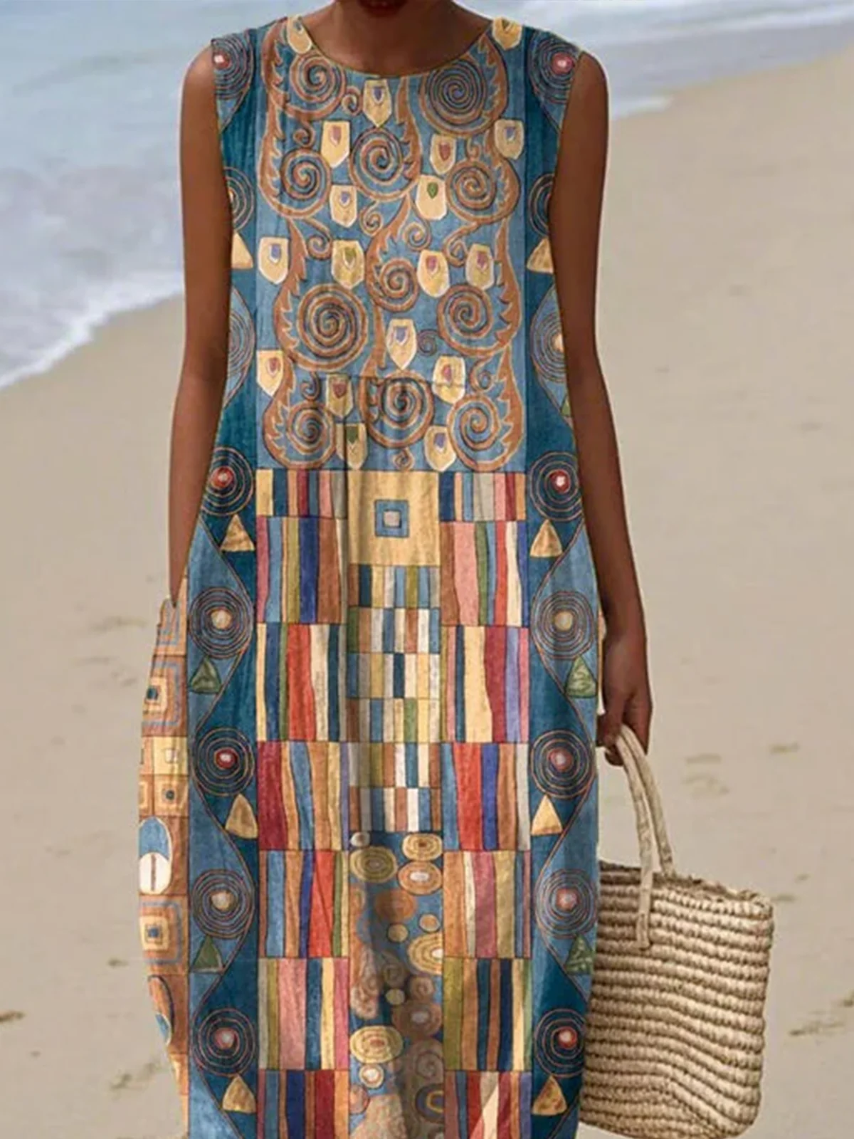 Damen Geometrisch Sommer Kleid Rundhals Ärmellos A-Linien-Kleid