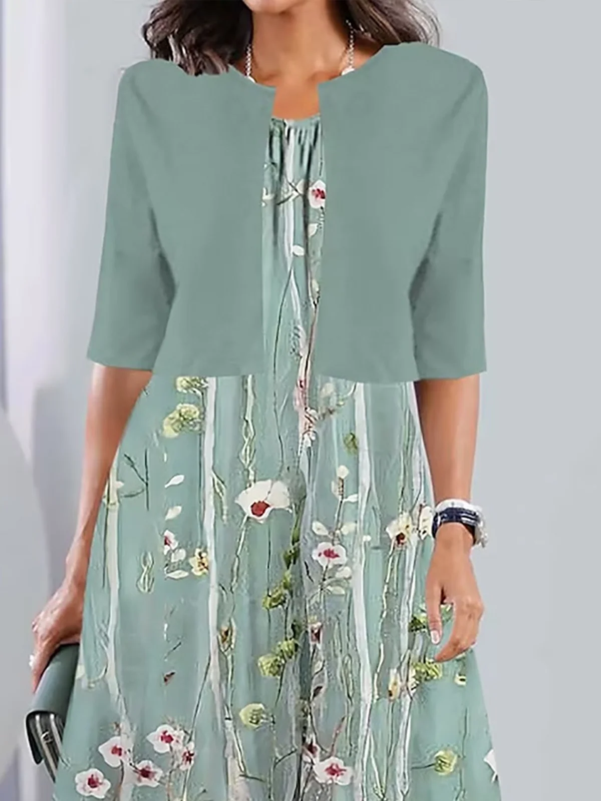 Damen Geblümt Sommer Kleid Rundhals Kurzarm A-Linien-Kleid