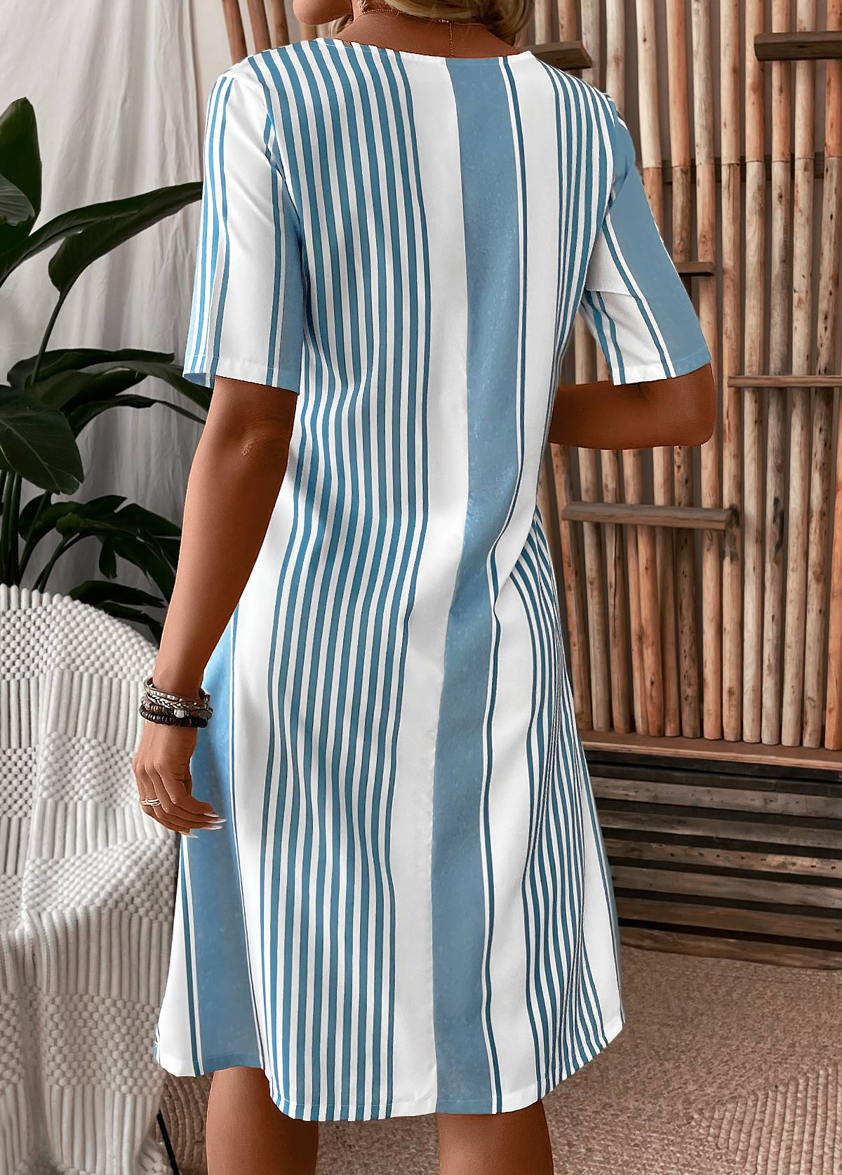 Damen Gestreift Sommer Kleid Rundhals Kurzarm A-Linien-Kleid