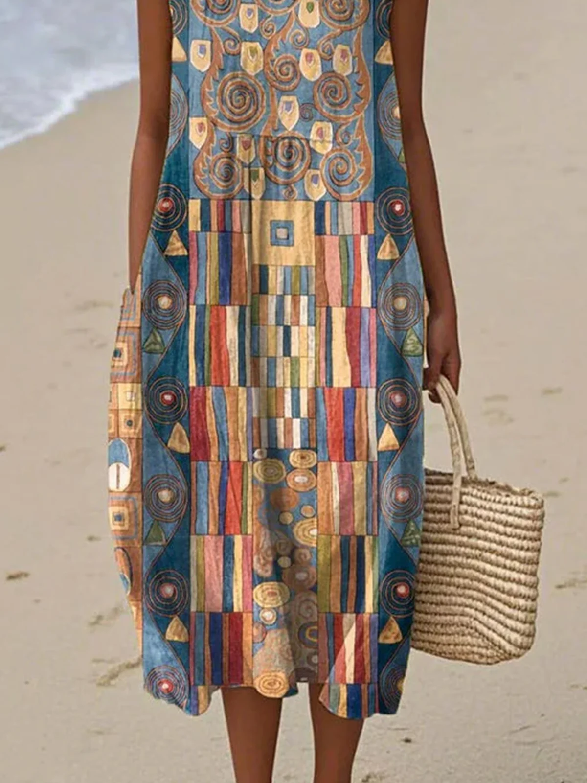 Damen Geometrisch Sommer Kleid Rundhals Ärmellos A-Linien-Kleid