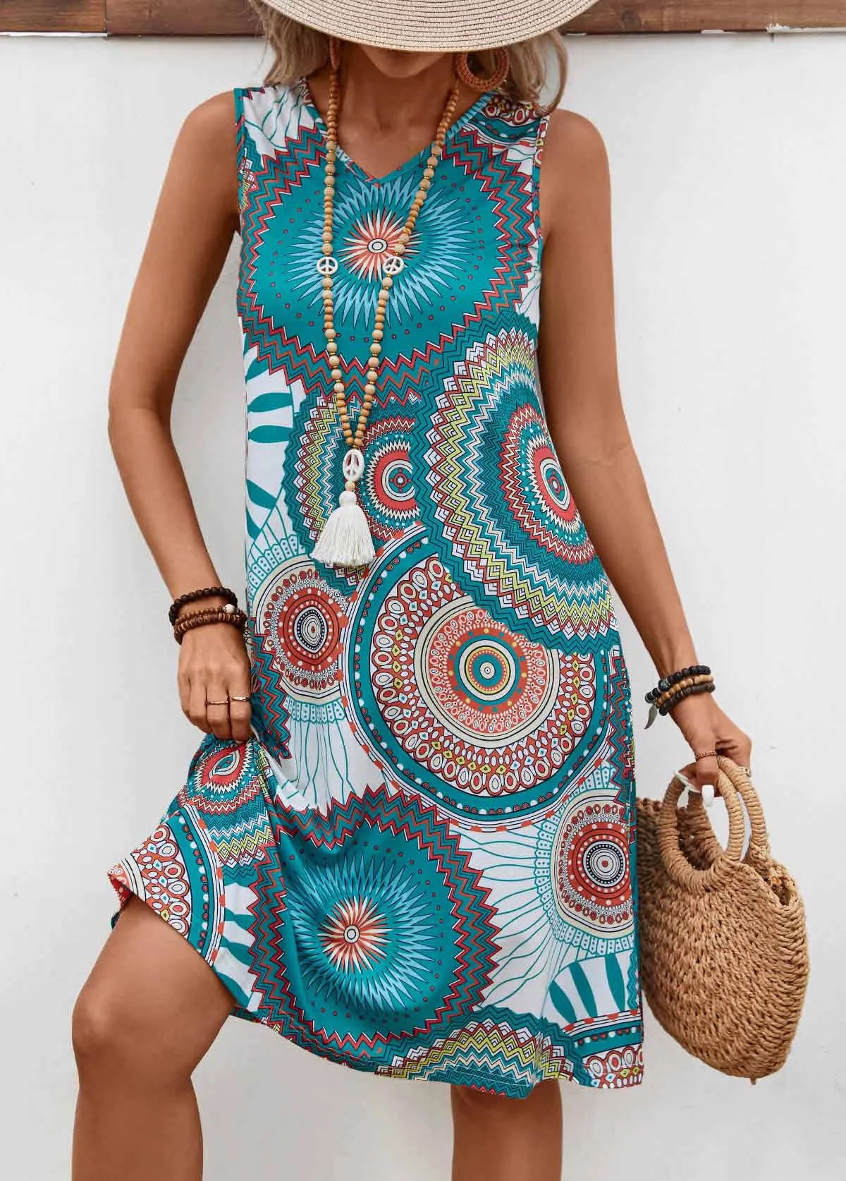 Damen Geometrisch Sommer Kleid V-Ausschnitt Ärmellos A-Linien-Kleid