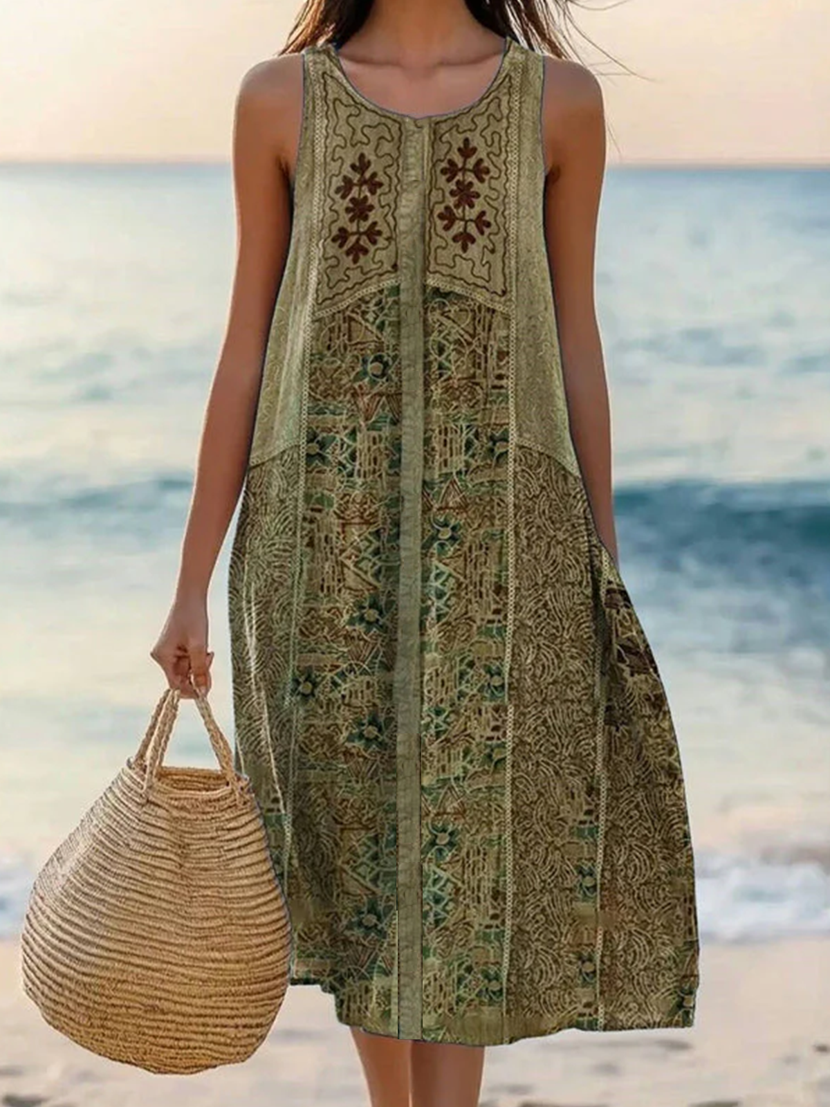 Damen Geblümt Sommer Kleid V-Ausschnitt Ärmellos A-Linien-Kleid