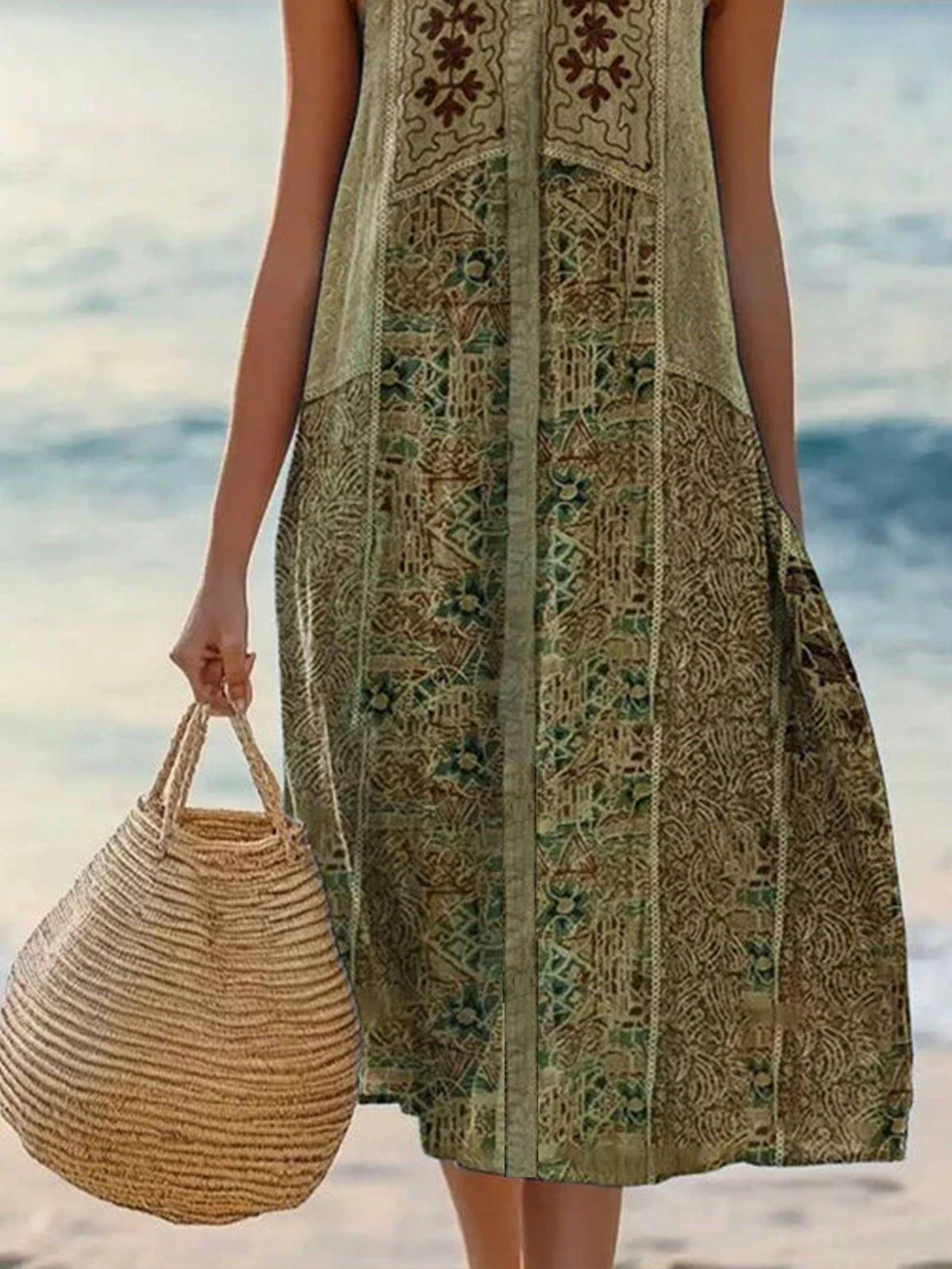 Damen Geblümt Sommer Kleid V-Ausschnitt Ärmellos A-Linien-Kleid