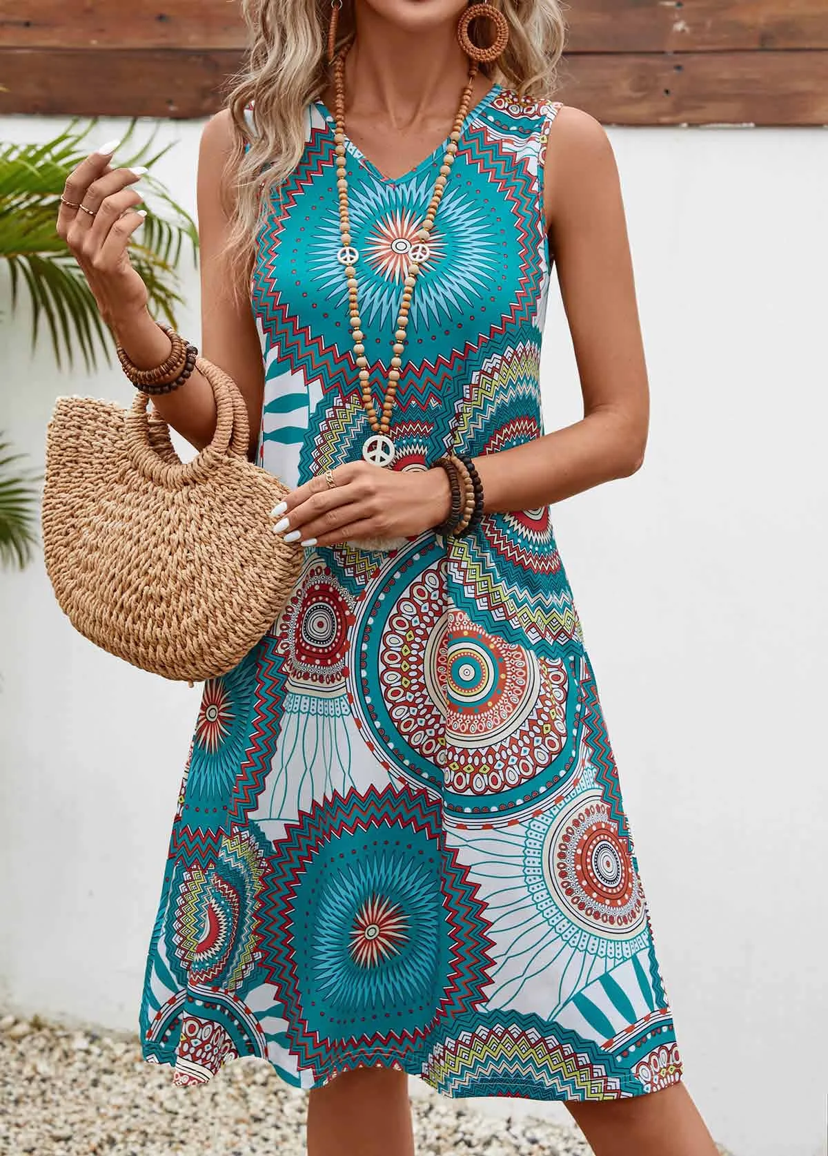 Damen Geometrisch Sommer Kleid V-Ausschnitt Ärmellos A-Linien-Kleid