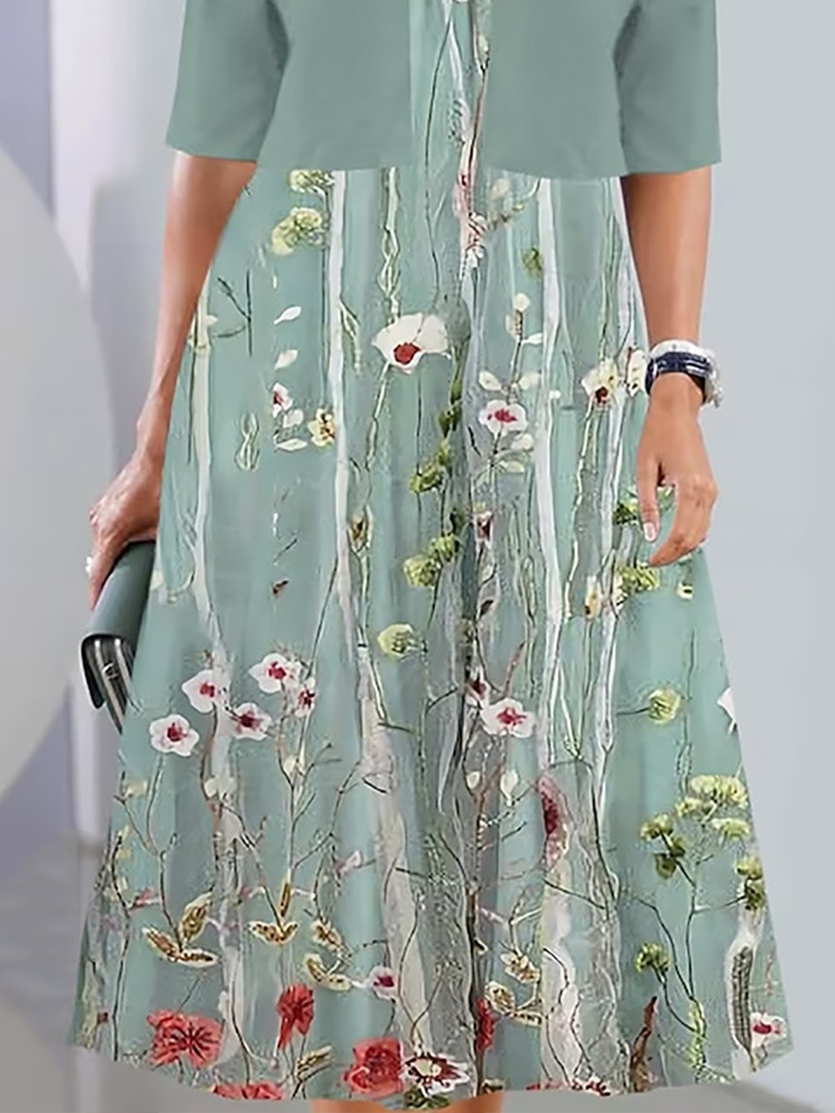 Damen Geblümt Sommer Kleid Rundhals Kurzarm A-Linien-Kleid