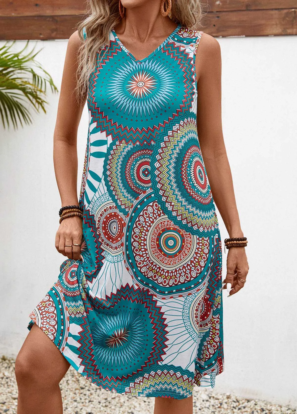 Damen Geometrisch Sommer Kleid V-Ausschnitt Ärmellos A-Linien-Kleid