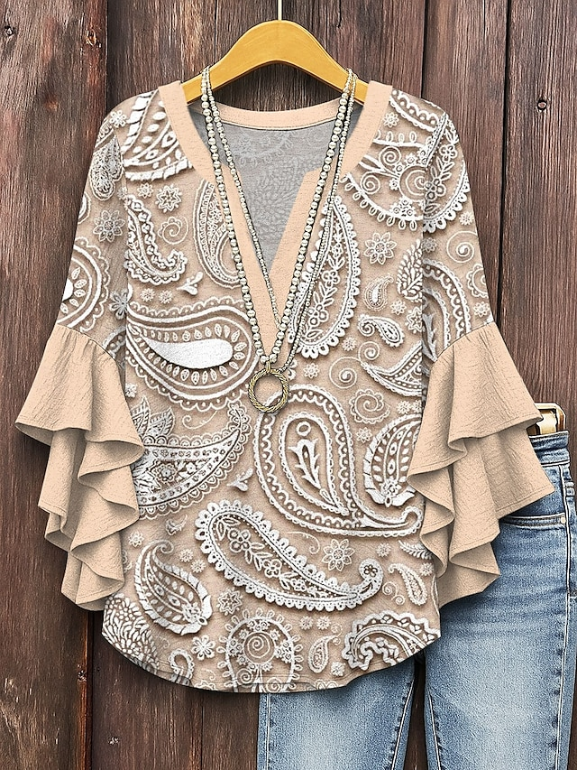 V-Ausschnitt Halbarm Paisley Regelmäßig Mikroelastizität Regelmäßige Passform Bluse für Damen