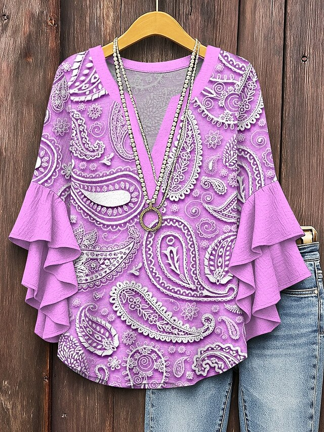 V-Ausschnitt Halbarm Paisley Regelmäßig Mikroelastizität Regelmäßige Passform Bluse für Damen