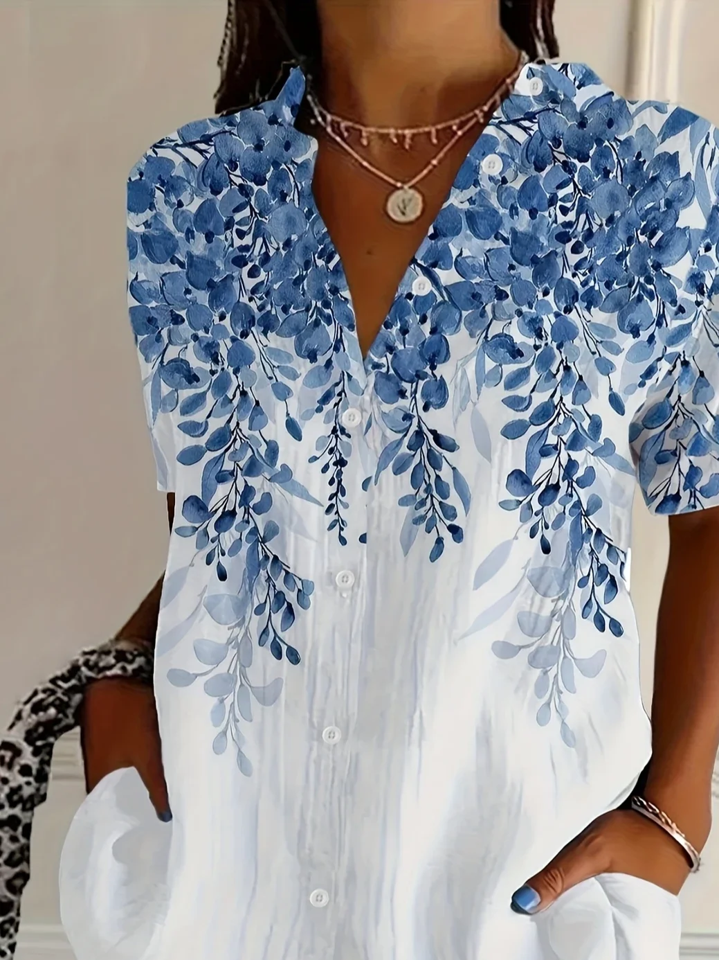 Hemdkragen Kurzarm Geblümt Print Regelmäßig Mikroelastizität Weit Knopfhemd Bluse für Damen